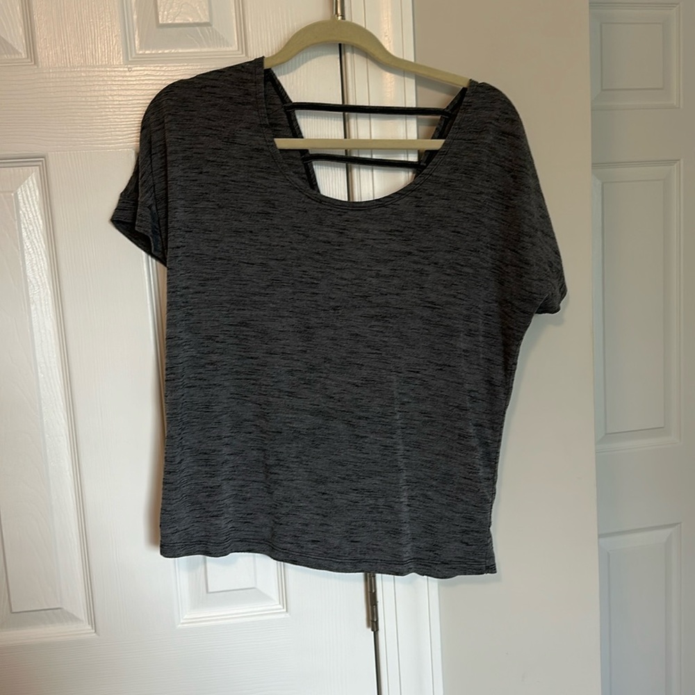 Dark Charcoal Grey Open Strappy Cage Back Short Sleeve T-Shirt Women’s Size M